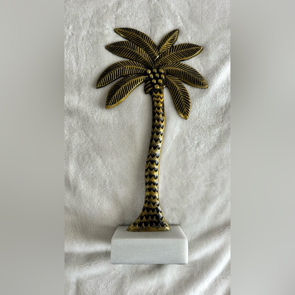 19” Antique Gold Tone Aluminum Palm Tree With White Marble Base